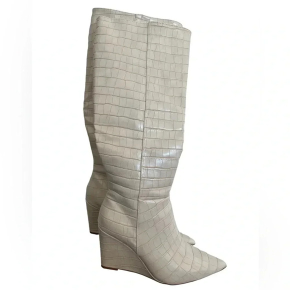 JustFab Michaela Cream Croc-Embossed Wedge Knee-High Boots Size 7.5 - Picture 1 of 8
